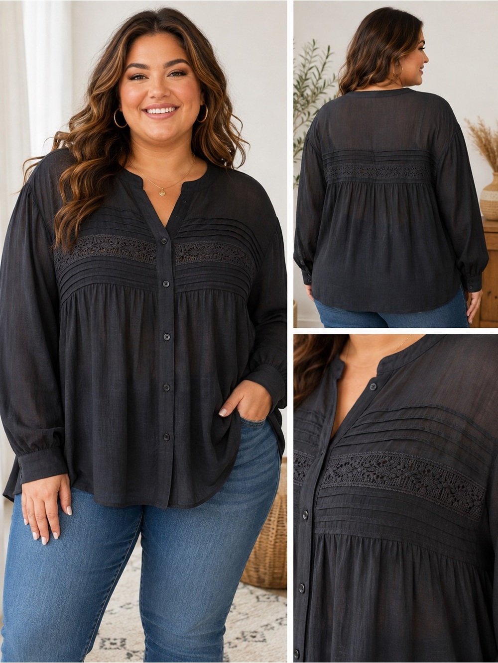 NWT NY Collection Black Crochet Pintuck Blouse 2X Sheer Boho Button Front